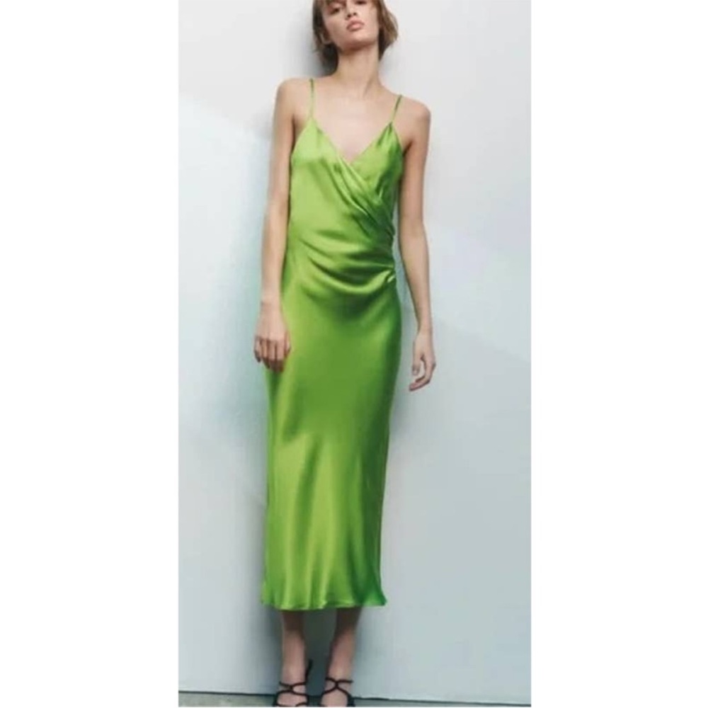 NWT Zara Satin Slip Dress Lime Green S - Picture 2 of 10